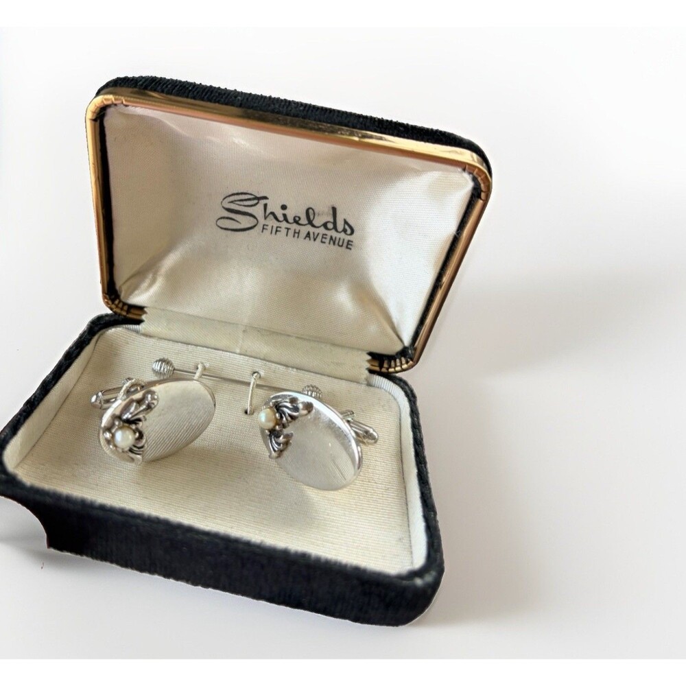 Vintage Shields Fifth Avenue Cultured Pearl Cufflinks Silver Tone MCM With Box